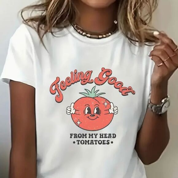 Cartoon Tomato Print Crew Neck T-shirt ‘Feeling good from my head to my … - Picture 3 of 3